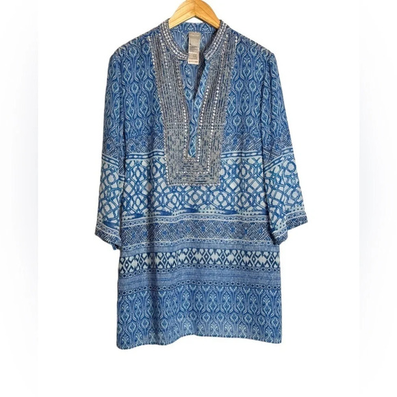 Chico’s Mixed Print Embellished Tunic Size 3 or XL Shiny Beads Sequins Stones - Picture 2 of 8